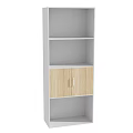 Modern White Bookcase With Wooden Cabinet Doors And Multiple Open Shelves