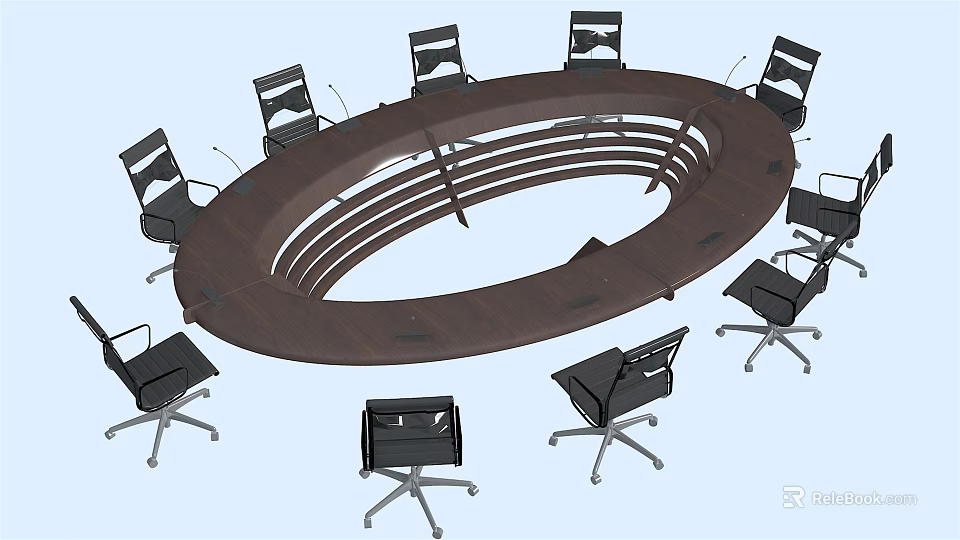 Oval Wooden Conference Table Surrounded by Black Office Chairs in Meeting Room 3d model 