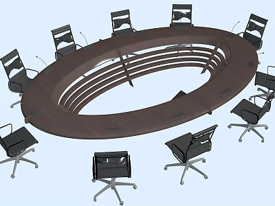 Oval Wooden Conference Table Surrounded by Black Office Chairs in Meeting Room 3d model