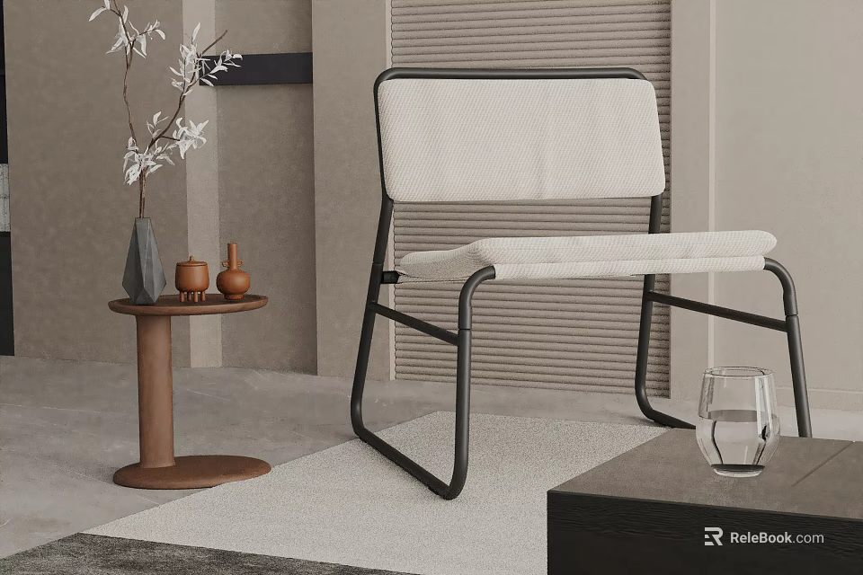 Modern Minimalist Leisure Chair with Black Metal Frame Light Upholstery by Wooden Side Table 3d model 