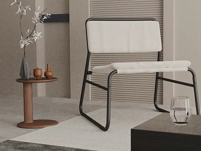 Modern Minimalist Leisure Chair with Black Metal Frame Light Upholstery by Wooden Side Table 3d model