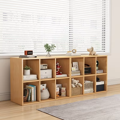 Light Wooden Bookshelf in Living Room Interior with Books Clock Potted Plant and Storage Boxes 3d model