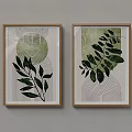 Two Wooden Framed Botanical Paintings with Green Leaves and Geometric Patterns for Wall Decor