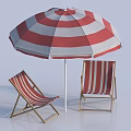 Red and White Striped Sun Umbrella with Two Folding Chairs for Outdoor Leisure