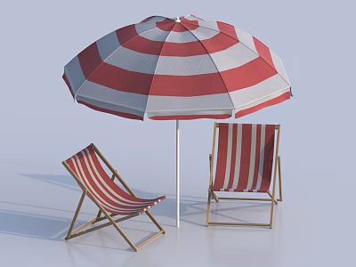 Red and White Striped Sun Umbrella with Two Folding Chairs for Outdoor Leisure 3d model