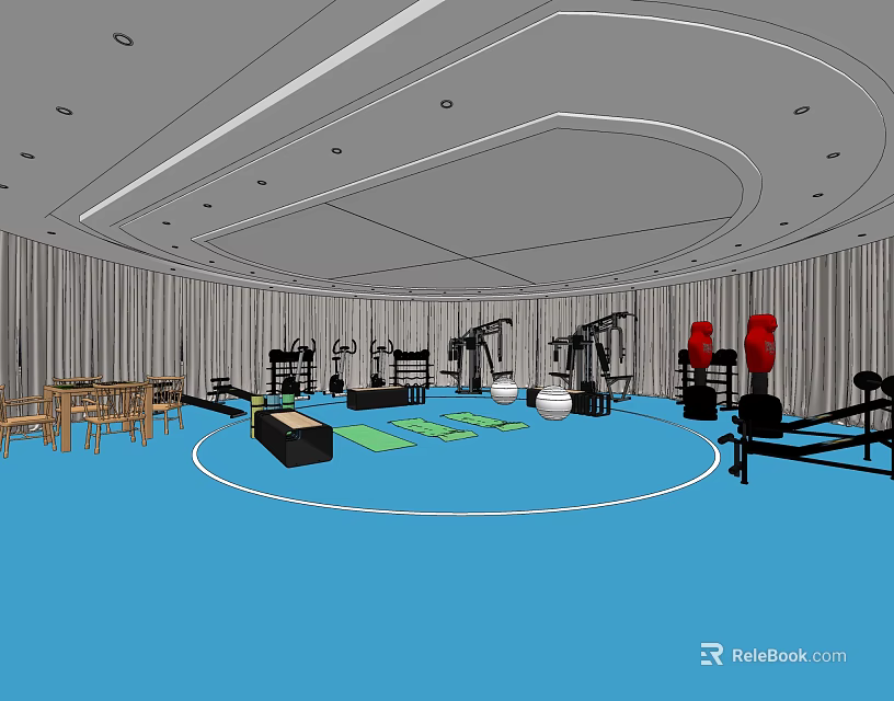 Gym Interior With Blue Floor Various Fitness Equipment Workout Area And Rest Seating 3d model 