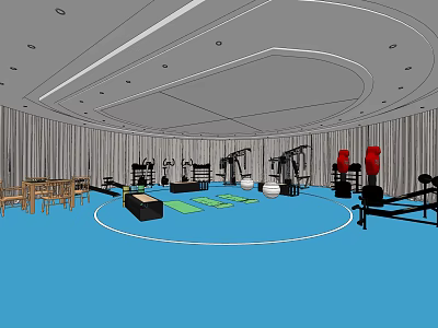 Gym Interior With Blue Floor Various Fitness Equipment Workout Area And Rest Seating 3d model