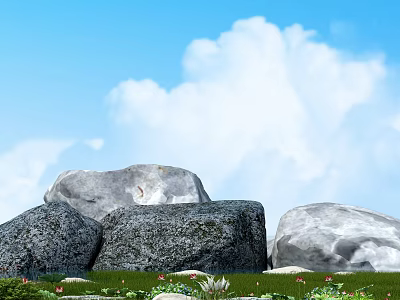 Large Stones In Natural Setting With Green Grass Red Flowers And Blue Sky 3d model