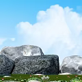 Large Stones In Natural Setting With Green Grass Red Flowers And Blue Sky