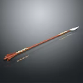 Ancient Decorative Spear With Red Shaft Golden Ornaments And Silver Spearhead
