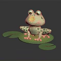Cute Green Spotted Frog Figurine Sitting On Lily Pad With Pink Flower