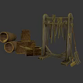 Vintage Agricultural Equipment with Wooden Tool Rack Hanging Tools Clay Pots and Crate