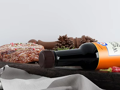 Juicy Steak with Kikkoman Soy Sauce Pepper Grinder Pine Cones and Strawberries on Wooden Tray 3d model
