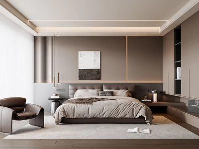 Modern Bedroom Interior With Bed Nightstands Armchair Rug And Decorative Painting 3d model