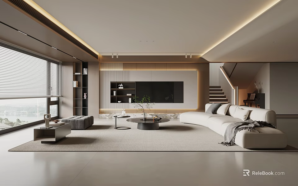 Modern Living Room Interior Design With Large Windows TV Wall Sofa And Coffee Table 3d model 