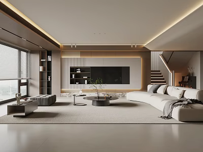 Modern Living Room Interior Design With Large Windows TV Wall Sofa And Coffee Table 3d model