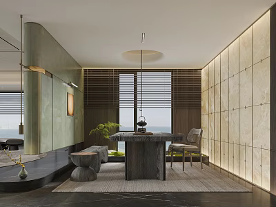 Serene Modern Tea Room Interior With Wooden Blinds Stone Walls And Green Plants 3d model