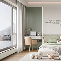 Modern Kids Room Interior With Green Wall Cartoon Cat Doodle Bed Toys And Storage Cabinets