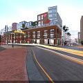 Vibrant Commercial Street At Night With Modern Buildings And Outdoor Dining Areas