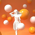 Inflatable Female Figure With Orange And White Spheres Against Orange Background