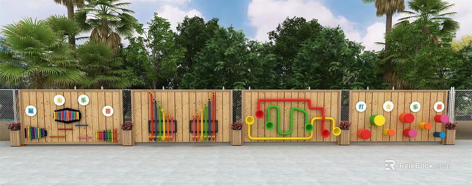 Wooden Feature Wall With Colorful Pipes Geometric Shapes Green Trees And Blue Sky 3d model 