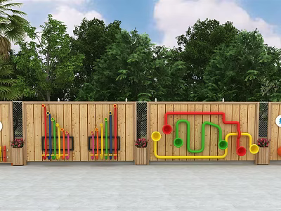 Wooden Feature Wall With Colorful Pipes Geometric Shapes Green Trees And Blue Sky 3d model