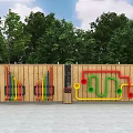 Wooden Feature Wall With Colorful Pipes Geometric Shapes Green Trees And Blue Sky