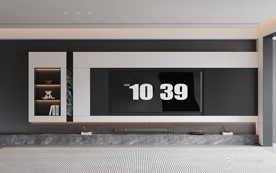 Modern TV Background Wall Design With Black Panel Side Display Shelves And Marble Base 3d model