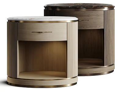 Round Wooden Chest of Drawers With Marble Top Brass Trim and Open Shelf 3d model