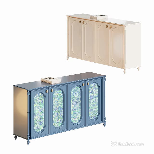 Two Tone Modern Sideboard With Blue Glass Door Beige Cabinet And Decorative Legs 3d model 