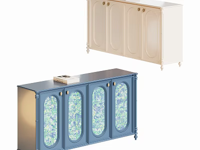 Two Tone Modern Sideboard With Blue Glass Door Beige Cabinet And Decorative Legs 3d model