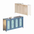 Two Tone Modern Sideboard With Blue Glass Door Beige Cabinet And Decorative Legs