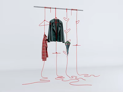 Stylish Hanger With Hanging Clothes And Decorative Twisted Red Strings 3d model