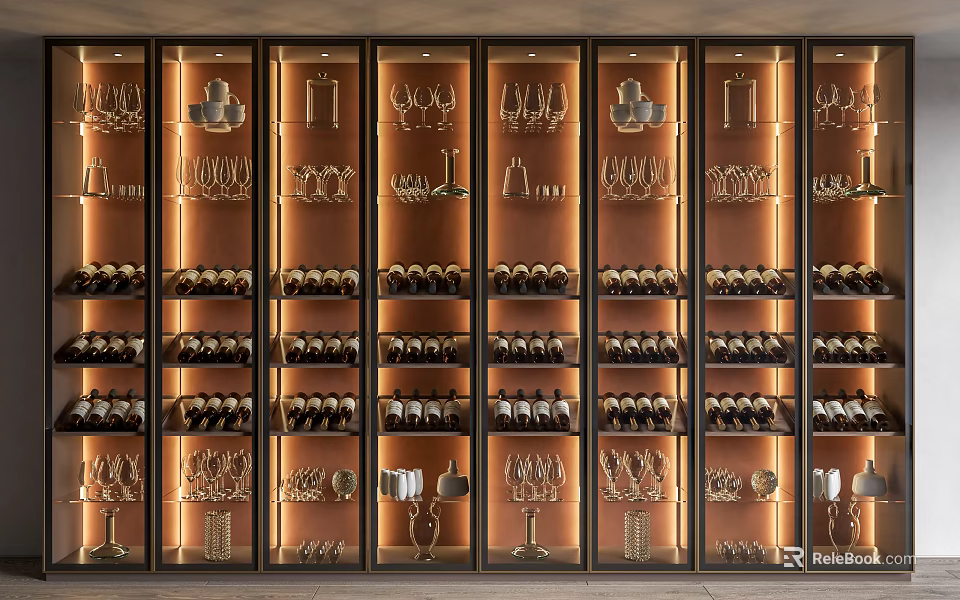 Elegant Modern Wine Cabinet With Glass Doors And Display Shelves For Wine Bottles And Glasses 3d model 