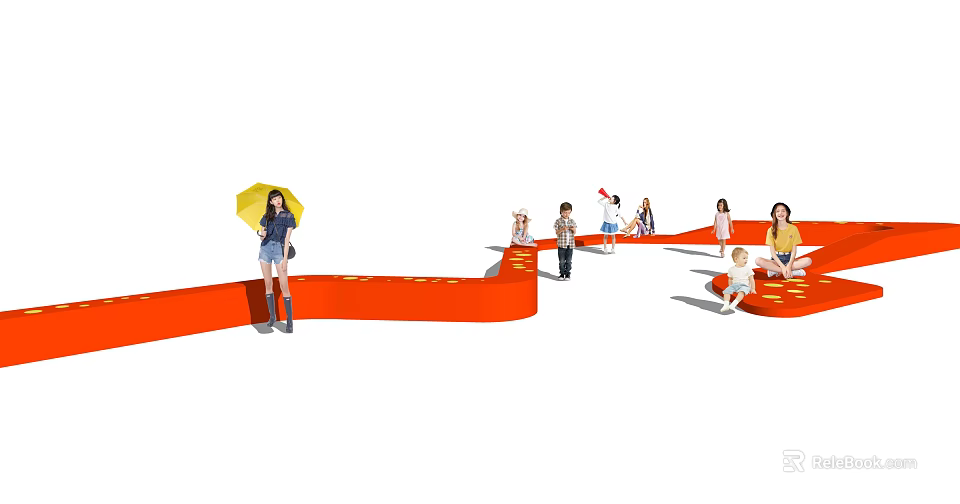Red Curved Landscape Seats In Outdoor Public Space With People Enjoying Leisure Activities 3d model 