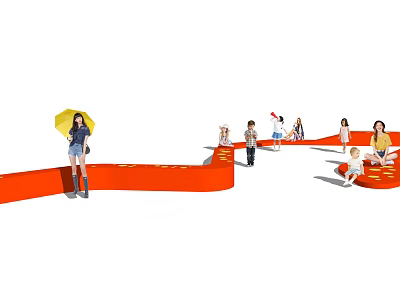 Red Curved Landscape Seats In Outdoor Public Space With People Enjoying Leisure Activities 3d model