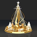 Golden Christmas Tree With Star On Top Gift Boxes And Small Snowmen Decorations