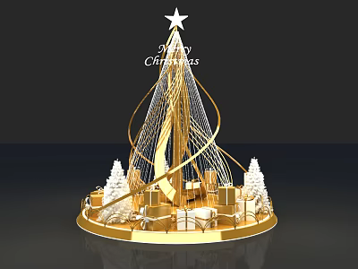 Golden Christmas Tree With Star On Top Gift Boxes And Small Snowmen Decorations 3d model