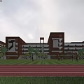 Modern School Building Exterior With Sports Field Running Track Greenery And Students