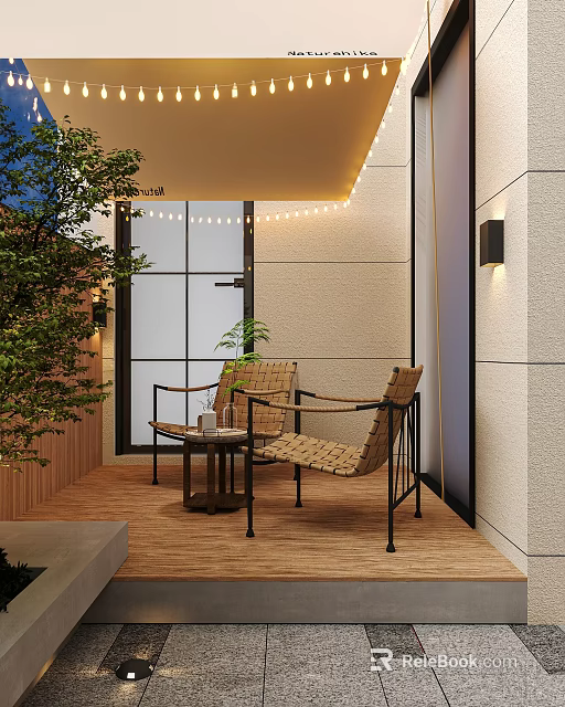 Modern Garden Landscape Patio With Wooden Floor Wicker Chairs Green Plants And Wall Lamps 3d model 
