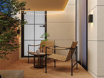 Modern Garden Landscape Patio With Wooden Floor Wicker Chairs Green Plants And Wall Lamps 3d model