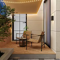 Modern Garden Landscape Patio With Wooden Floor Wicker Chairs Green Plants And Wall Lamps