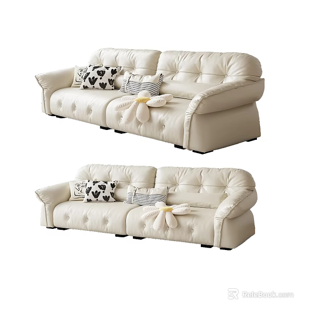 Modern Cream Leather Two Seater Sofa With Black White Patterned And Striped Decorative Pillows 3d model 