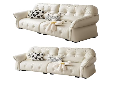 Modern Cream Leather Two Seater Sofa With Black White Patterned And Striped Decorative Pillows 3d model