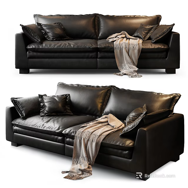 Black Leather Two Seater Sofa With Decorative Pillows And Throw Blanket 3d model 