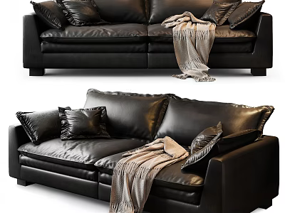 Black Leather Two Seater Sofa With Decorative Pillows And Throw Blanket 3d model