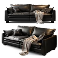 Black Leather Two Seater Sofa With Decorative Pillows And Throw Blanket 3d model