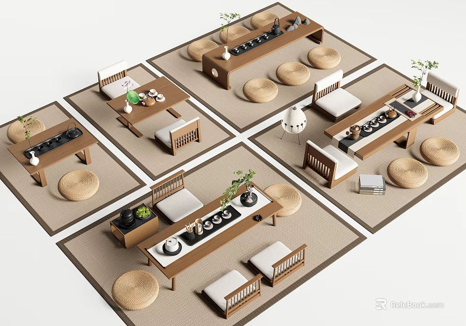 Traditional Tea Table And Chairs Design With Floor Cushions Tea Sets And Green Plants 3d model 