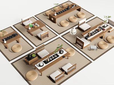 Traditional Tea Table And Chairs Design With Floor Cushions Tea Sets And Green Plants 3d model