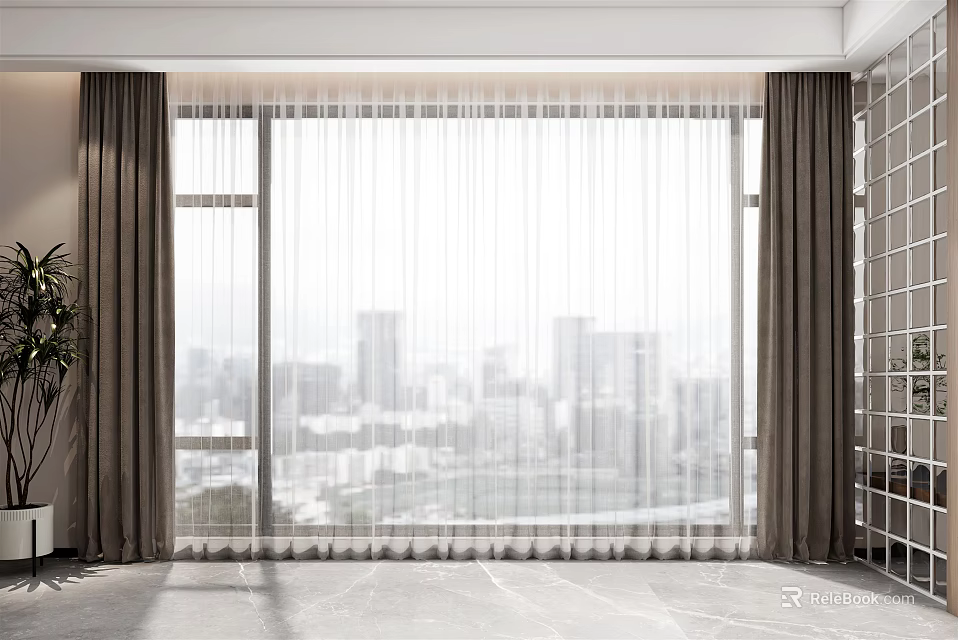 Modern Curtains With Sheer Panels For Floor To Ceiling Window City View 3d model 
